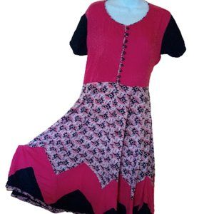 Black Pink White Fit and  Flare Authentic Indian Rayon Dress Size XXL Fits XL